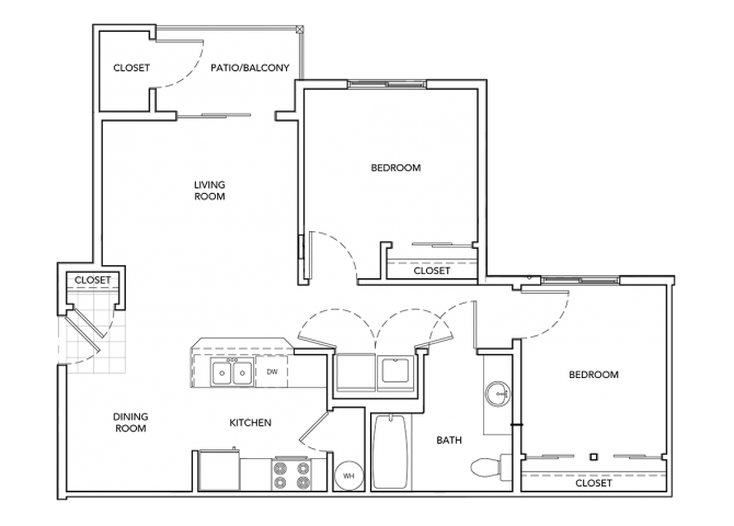 Floor plan for 2 beds, 1 bath, 833 sqft